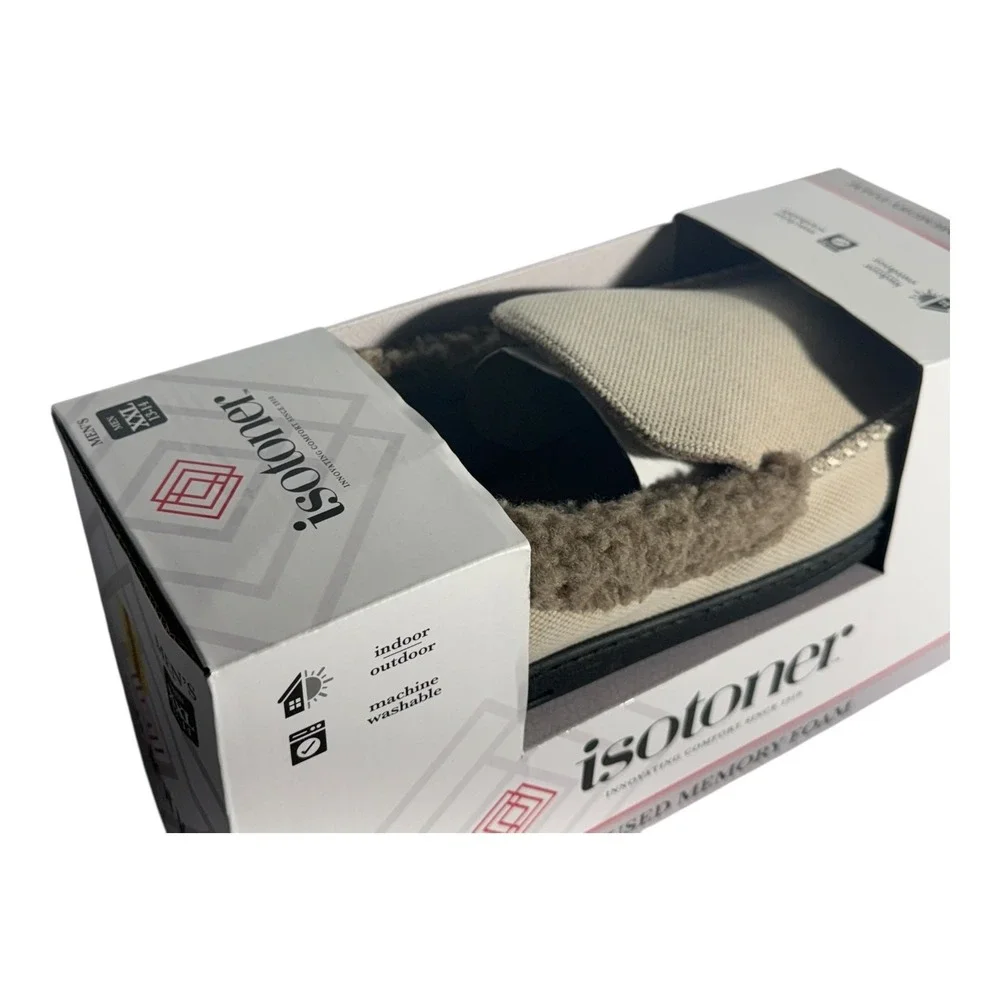 Isotoner Mens Brushed Knit or Plaid Lewis Moccasin Slipper‎ Stone XXL 13-14